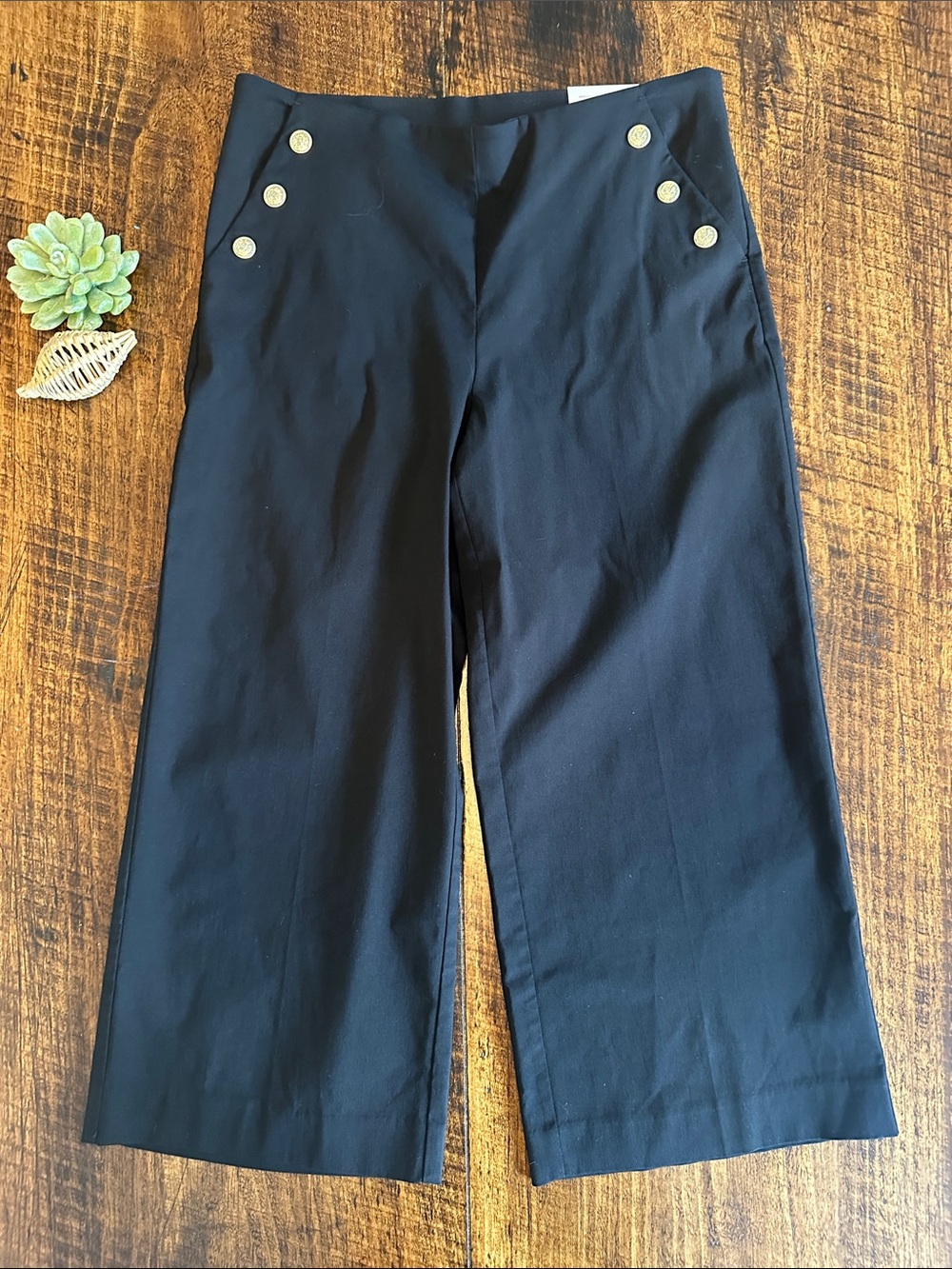 Chico’s | NWT Juliette Black Wide Leg Sailor Pants Gold Button Crop, Size 12 (2)